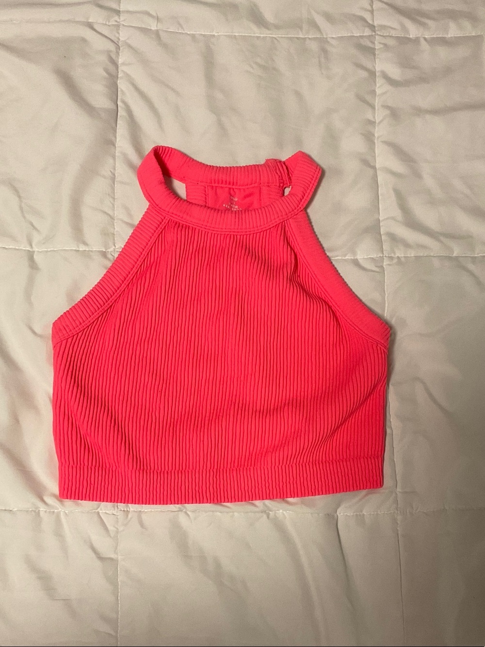 aerie Neon Pink Ribbed Halter Crop Top